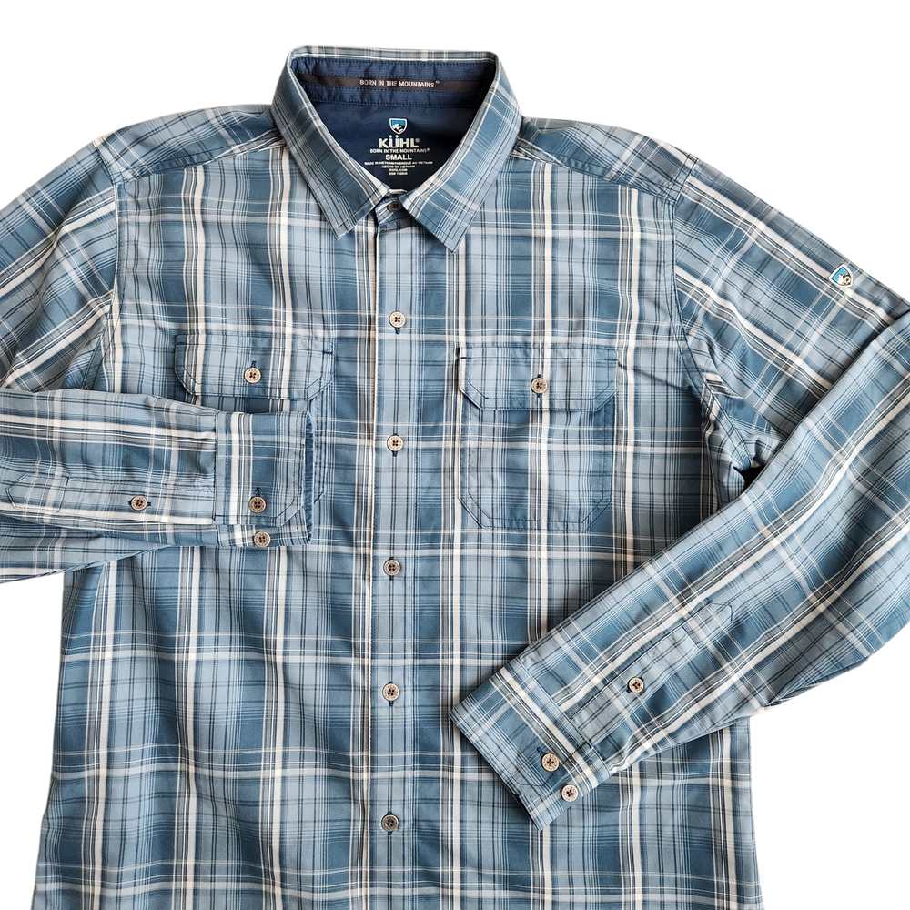 Kuhl Response Button Down Long Sleeve Shirt Plaid Men's Small Blue Gray Outdoors